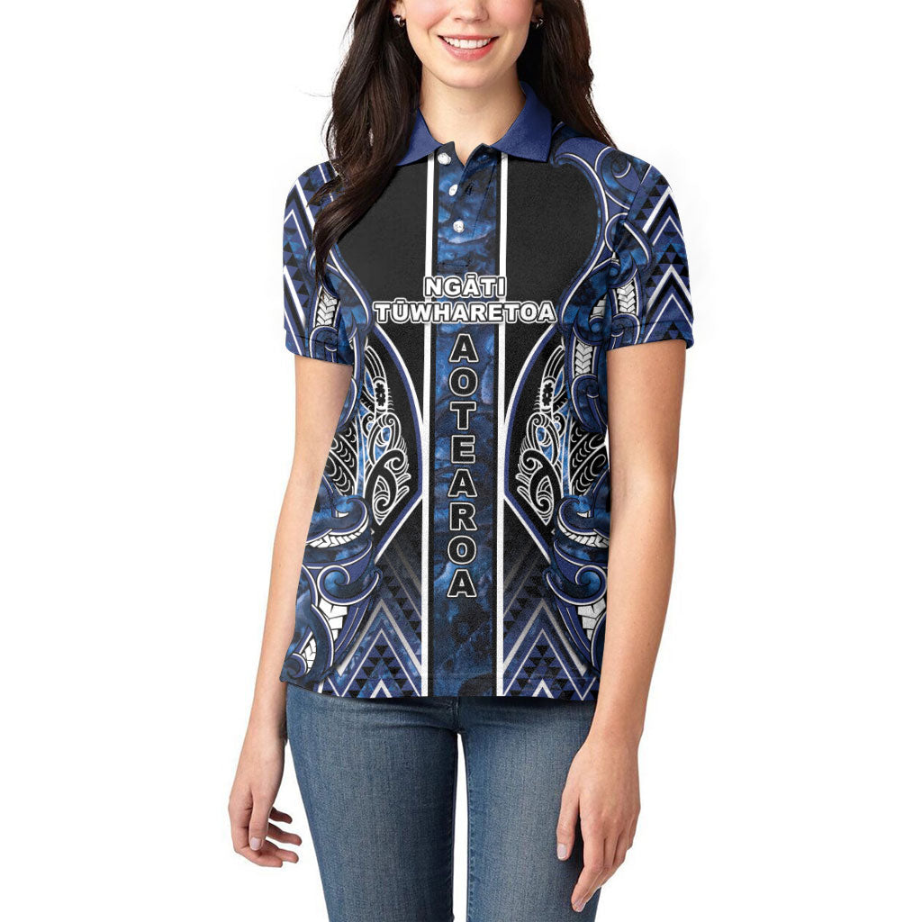 Aotearoa Tuwharetoa Women Polo Shirt Maori Tribal Navy Paua Shell Pattern