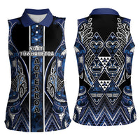 Aotearoa Tuwharetoa Women Sleeveless Polo Shirt Maori Tribal Navy Paua Shell Pattern