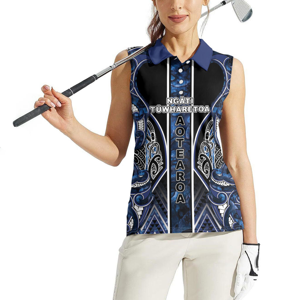 Aotearoa Tuwharetoa Women Sleeveless Polo Shirt Maori Tribal Navy Paua Shell Pattern