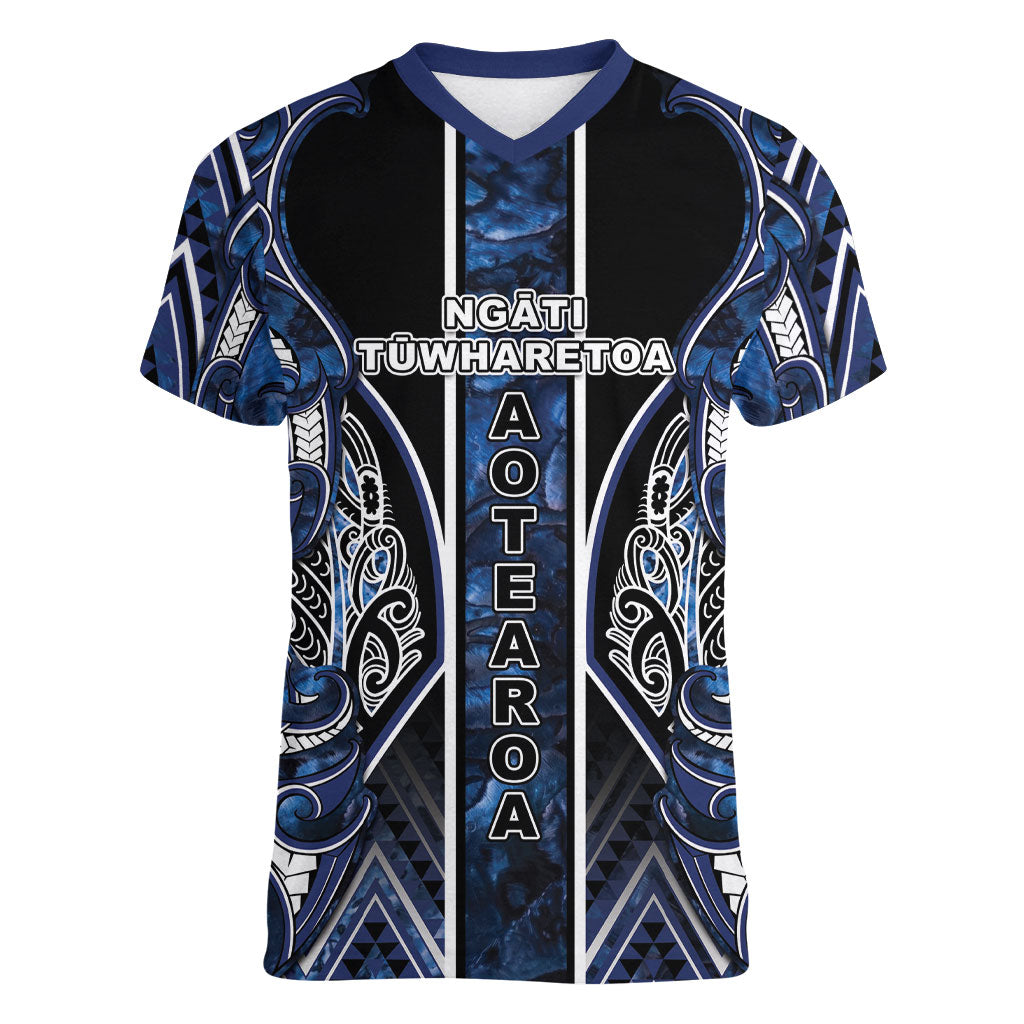Aotearoa Tuwharetoa Women V-Neck T-Shirt Maori Tribal Navy Paua Shell Pattern DT05 Female Navy - Polynesian Pride