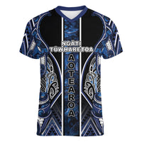 Aotearoa Tuwharetoa Women V-Neck T-Shirt Maori Tribal Navy Paua Shell Pattern