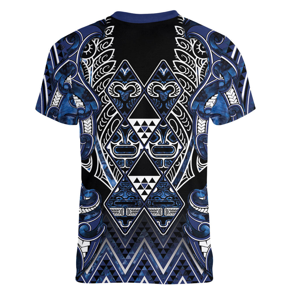 Aotearoa Tuwharetoa Women V-Neck T-Shirt Maori Tribal Navy Paua Shell Pattern