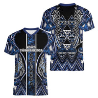 Aotearoa Tuwharetoa Women V-Neck T-Shirt Maori Tribal Navy Paua Shell Pattern