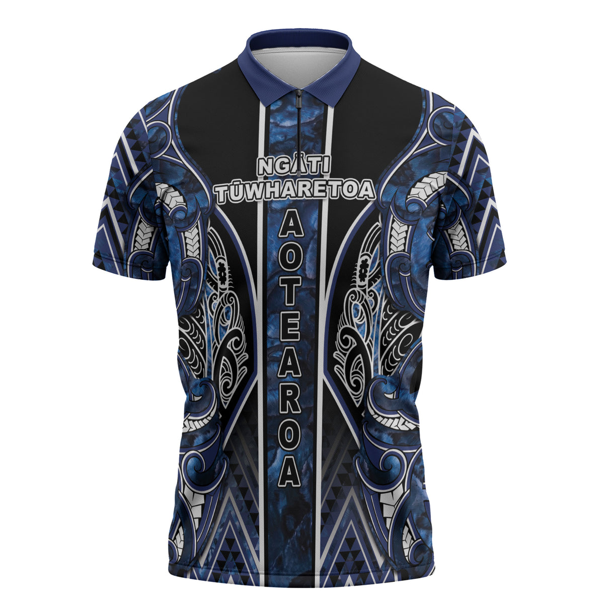 Aotearoa Tuwharetoa Zipper Polo Shirt Maori Tribal Navy Paua Shell Pattern