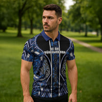 Aotearoa Tuwharetoa Zipper Polo Shirt Maori Tribal Navy Paua Shell Pattern