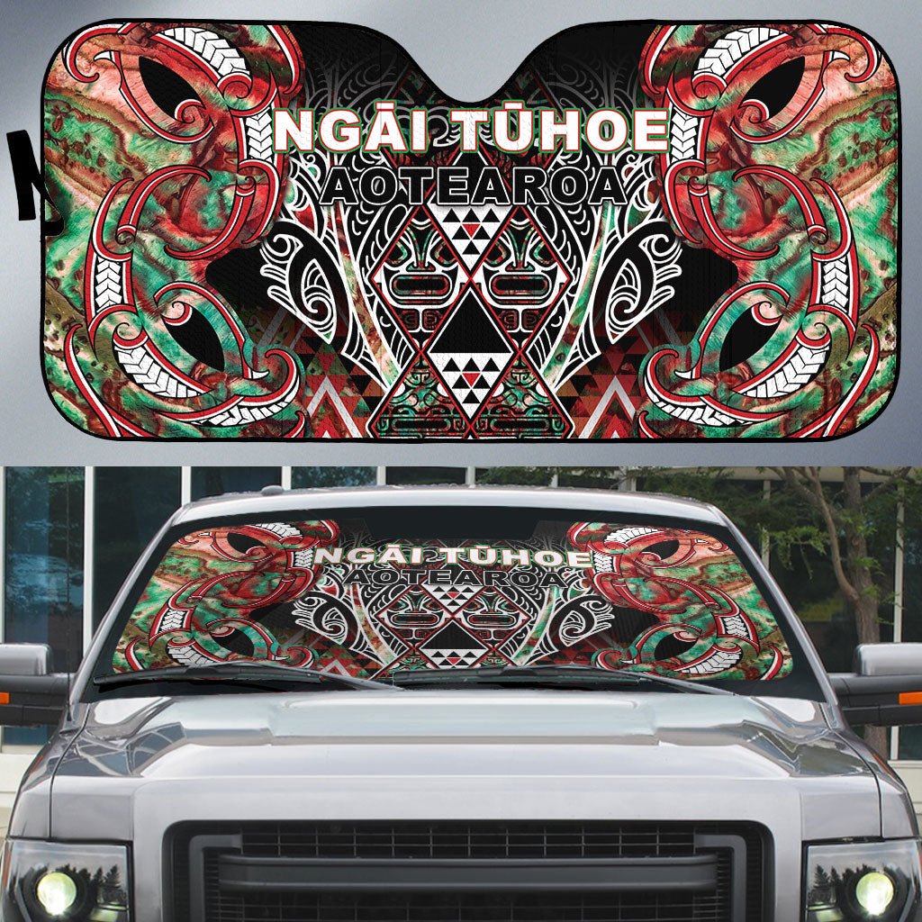 Aotearoa Ngai Tuhoe Auto Sun Shade Maori Tribal Red And Green Paua Shell Pattern