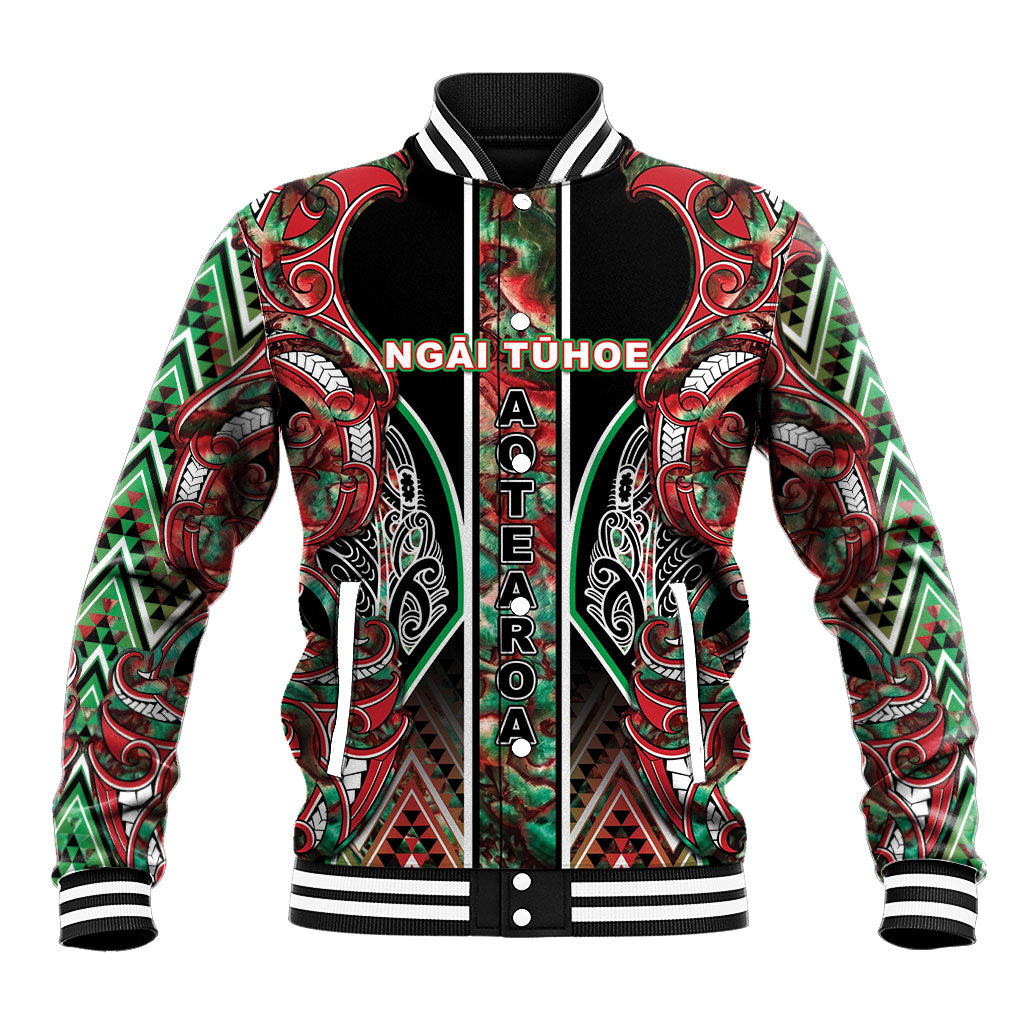 Aotearoa Ngai Tuhoe Baseball Jacket Maori Tribal Red And Green Paua Shell Pattern