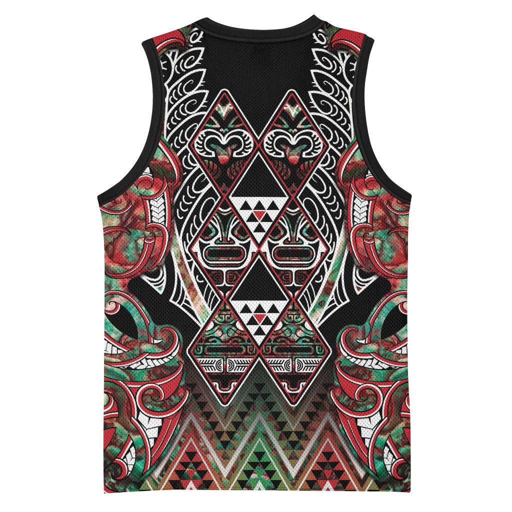 Aotearoa Ngai Tuhoe Basketball Jersey Maori Tribal Red And Green Paua Shell Pattern