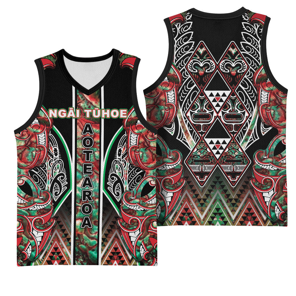 Aotearoa Ngai Tuhoe Basketball Jersey Maori Tribal Red And Green Paua Shell Pattern