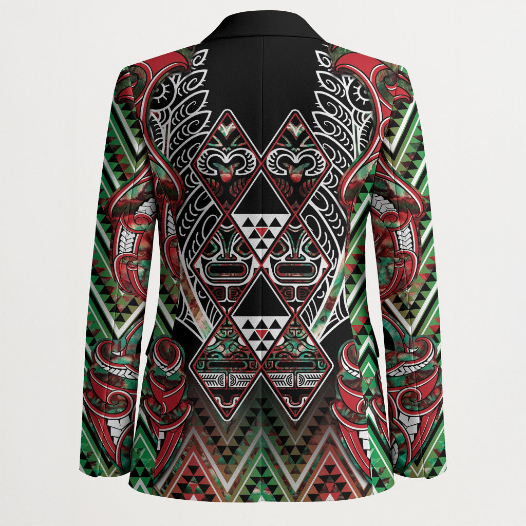 Aotearoa Ngai Tuhoe Blazer Maori Tribal Red And Green Paua Shell Pattern
