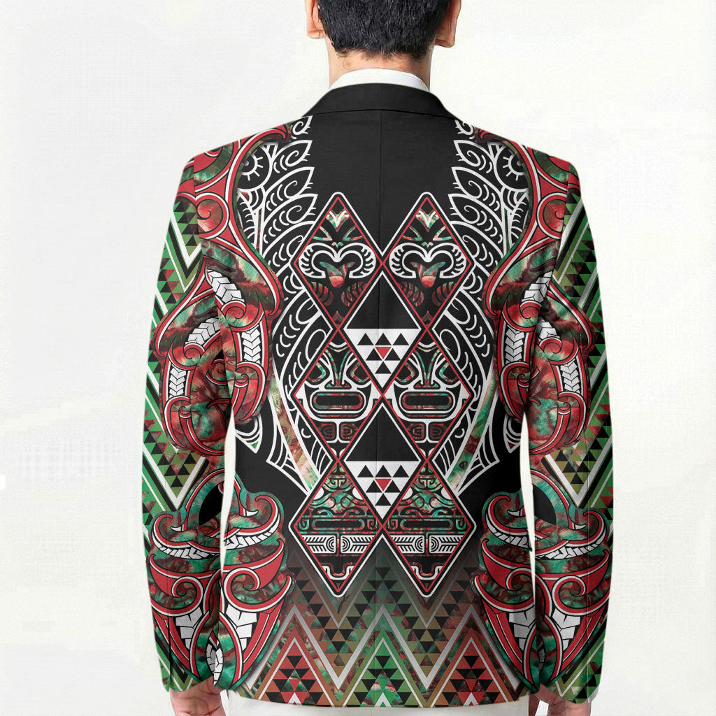 Aotearoa Ngai Tuhoe Blazer Maori Tribal Red And Green Paua Shell Pattern