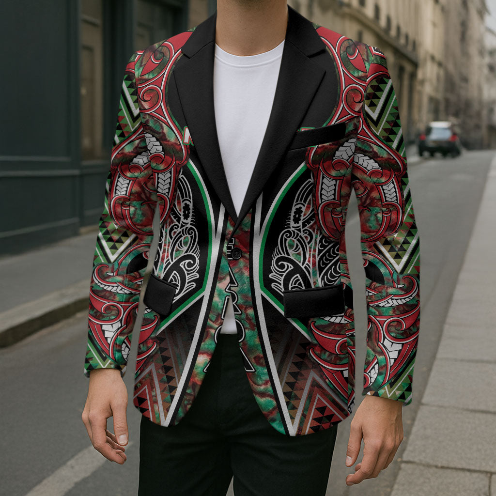 Aotearoa Ngai Tuhoe Blazer Maori Tribal Red And Green Paua Shell Pattern