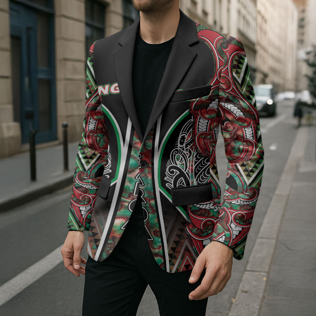 Aotearoa Ngai Tuhoe Blazer Maori Tribal Red And Green Paua Shell Pattern