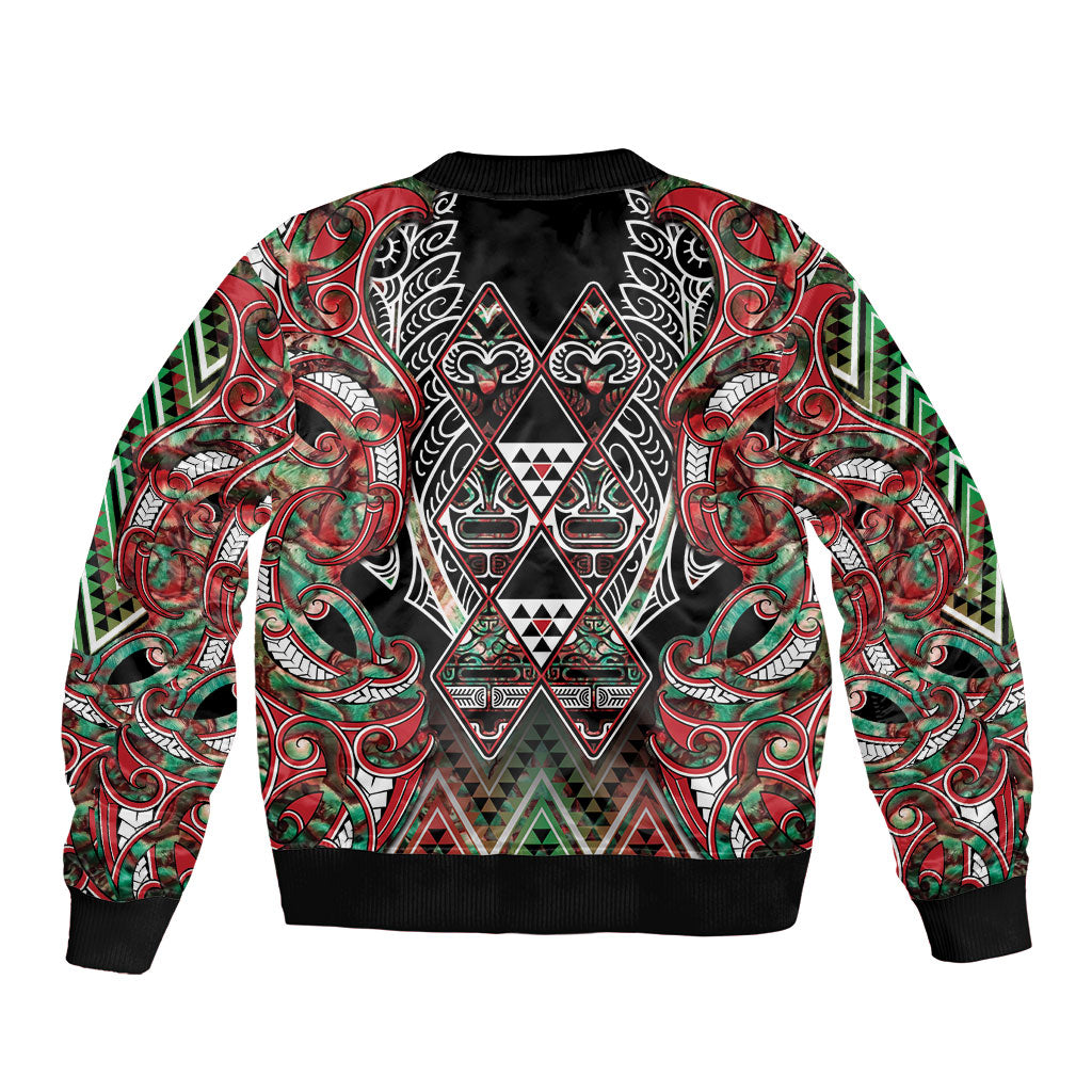 Aotearoa Ngai Tuhoe Bomber Jacket Maori Tribal Red And Green Paua Shell Pattern