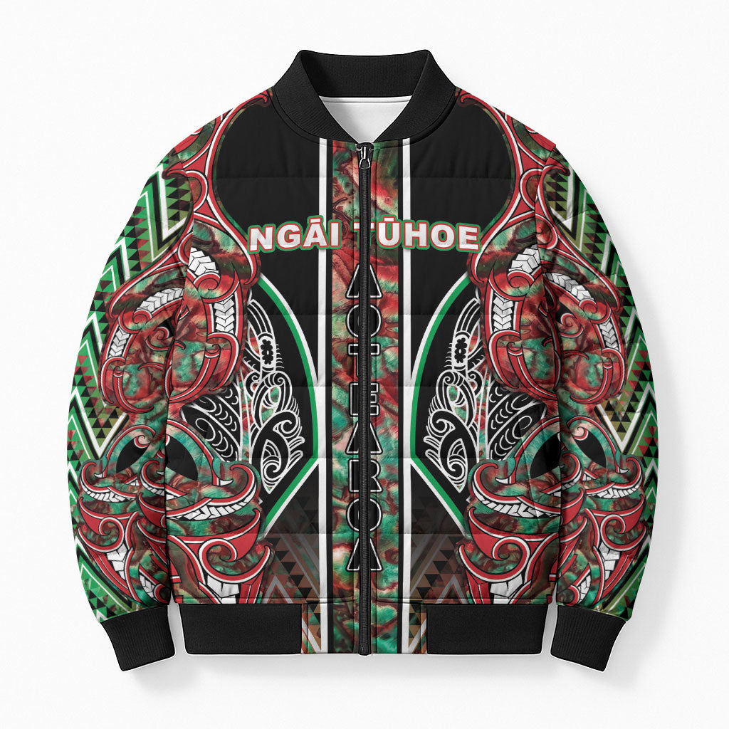 Aotearoa Ngai Tuhoe Bomber Puffer Jacket Maori Tribal Red And Green Paua Shell Pattern