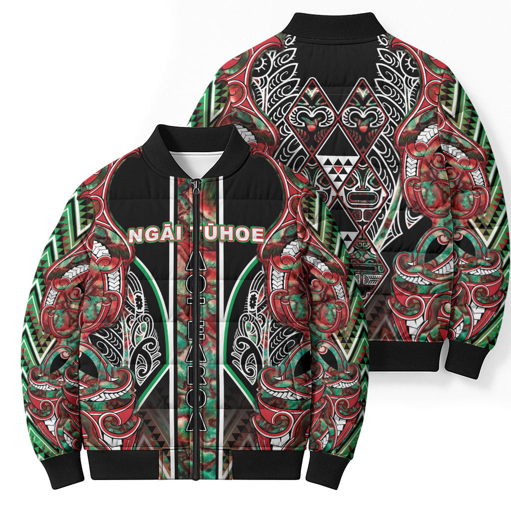 Aotearoa Ngai Tuhoe Bomber Puffer Jacket Maori Tribal Red And Green Paua Shell Pattern
