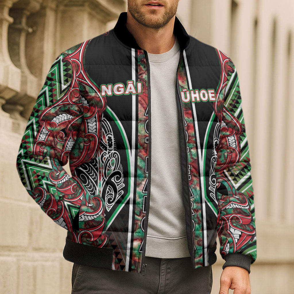 Aotearoa Ngai Tuhoe Bomber Puffer Jacket Maori Tribal Red And Green Paua Shell Pattern