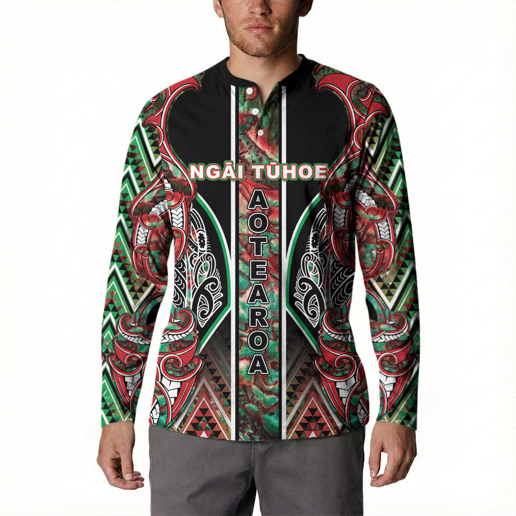 Aotearoa Ngai Tuhoe Button Sweatshirt Maori Tribal Red And Green Paua Shell Pattern
