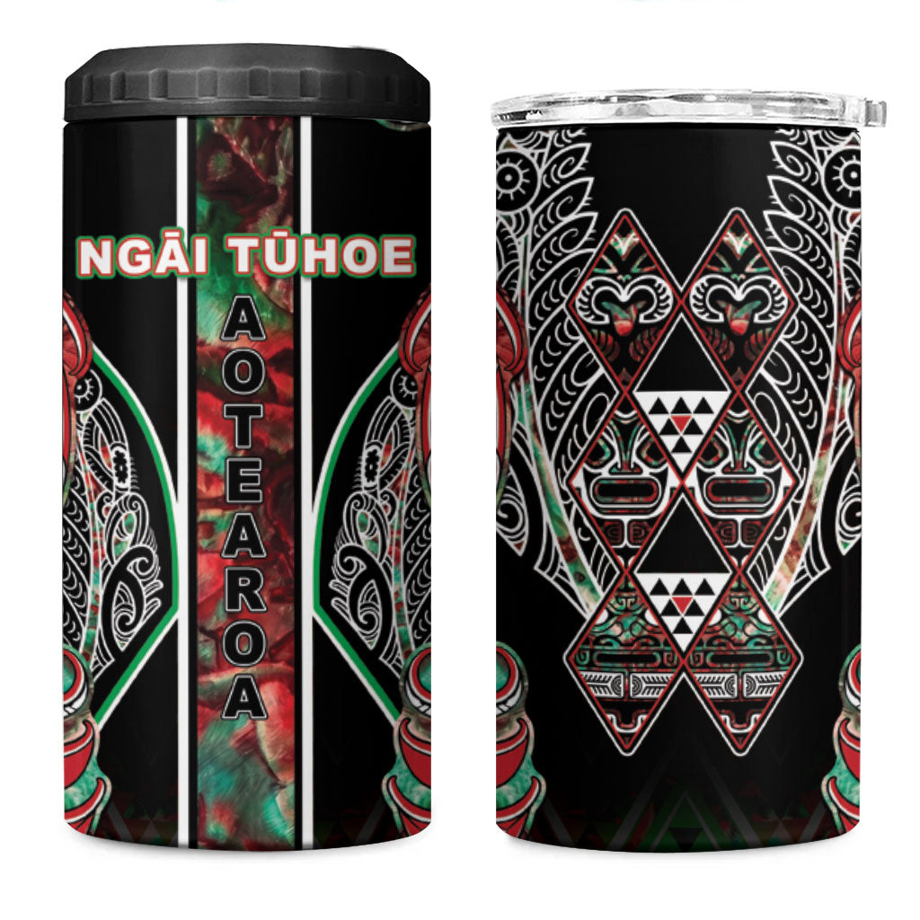 Aotearoa Ngai Tuhoe 4 in 1 Can Cooler Tumbler Maori Tribal Red And Green Paua Shell Pattern