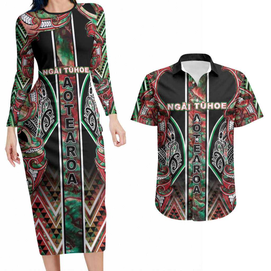 Aotearoa Ngai Tuhoe Couples Matching Long Sleeve Bodycon Dress and Hawaiian Shirt Maori Tribal Red And Green Paua Shell Pattern DT05 Red - Polynesian Pride