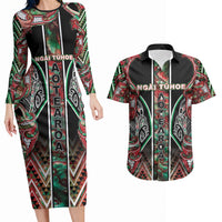Aotearoa Ngai Tuhoe Couples Matching Long Sleeve Bodycon Dress and Hawaiian Shirt Maori Tribal Red And Green Paua Shell Pattern
