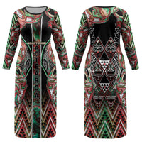 Aotearoa Ngai Tuhoe Couples Matching Long Sleeve Bodycon Dress and Hawaiian Shirt Maori Tribal Red And Green Paua Shell Pattern