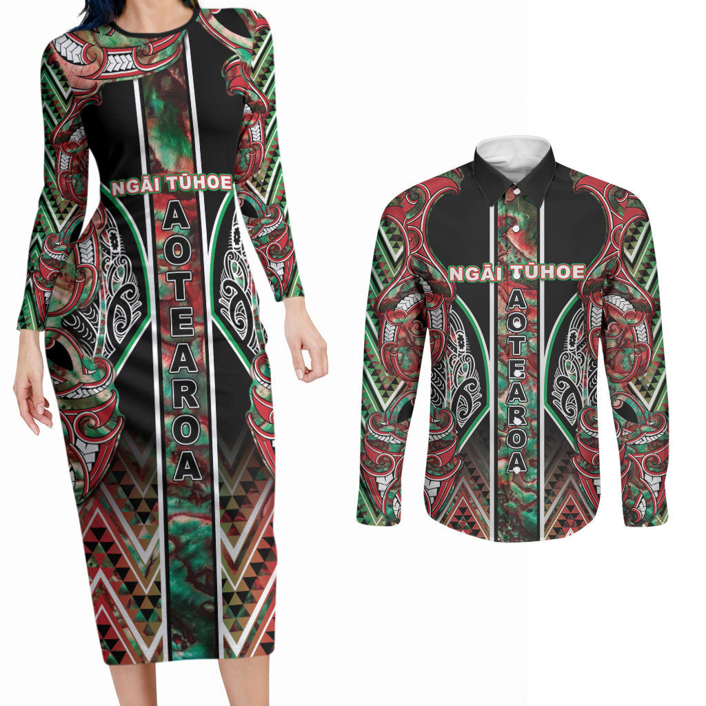Aotearoa Ngai Tuhoe Couples Matching Long Sleeve Bodycon Dress and Long Sleeve Button Shirt Maori Tribal Red And Green Paua Shell Pattern