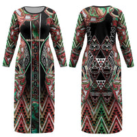 Aotearoa Ngai Tuhoe Couples Matching Long Sleeve Bodycon Dress and Long Sleeve Button Shirt Maori Tribal Red And Green Paua Shell Pattern