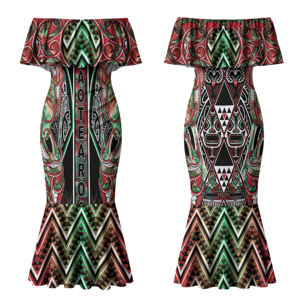 Aotearoa Ngai Tuhoe Couples Matching Mermaid Dress and Hawaiian Shirt Maori Tribal Red And Green Paua Shell Pattern