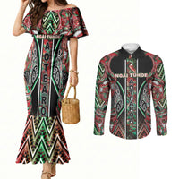 Aotearoa Ngai Tuhoe Couples Matching Mermaid Dress and Long Sleeve Button Shirt Maori Tribal Red And Green Paua Shell Pattern