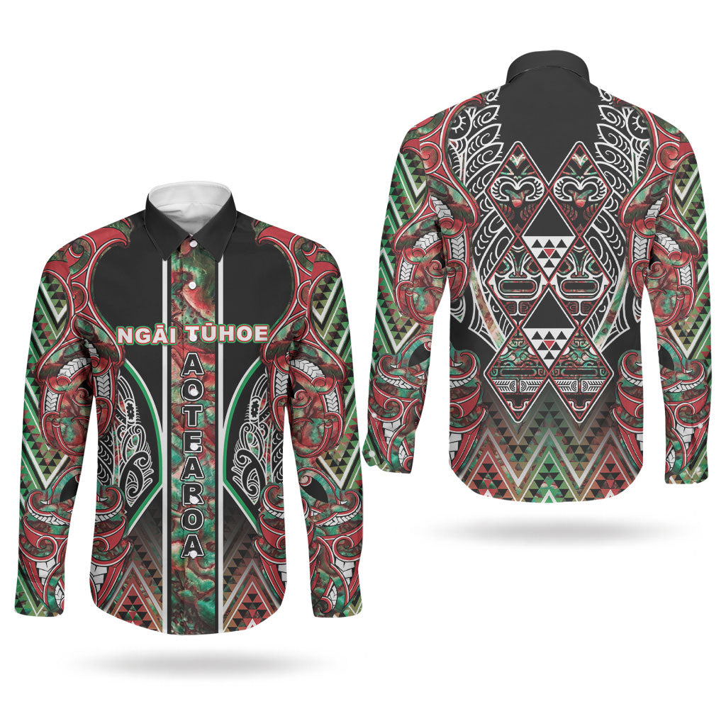 Aotearoa Ngai Tuhoe Couples Matching Mermaid Dress and Long Sleeve Button Shirt Maori Tribal Red And Green Paua Shell Pattern