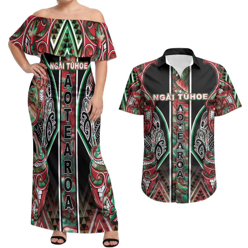 Aotearoa Ngai Tuhoe Couples Matching Off Shoulder Maxi Dress and Hawaiian Shirt Maori Tribal Red And Green Paua Shell Pattern DT05 Red - Polynesian Pride
