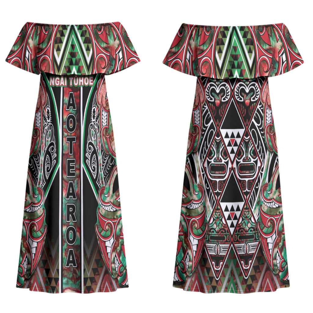 Aotearoa Ngai Tuhoe Couples Matching Off Shoulder Maxi Dress and Hawaiian Shirt Maori Tribal Red And Green Paua Shell Pattern
