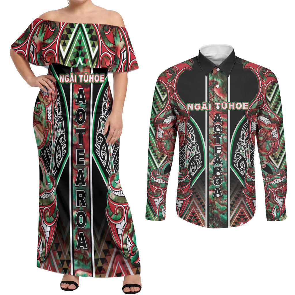 Aotearoa Ngai Tuhoe Couples Matching Off Shoulder Maxi Dress and Long Sleeve Button Shirt Maori Tribal Red And Green Paua Shell Pattern DT05 Red - Polynesian Pride