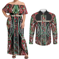 Aotearoa Ngai Tuhoe Couples Matching Off Shoulder Maxi Dress and Long Sleeve Button Shirt Maori Tribal Red And Green Paua Shell Pattern