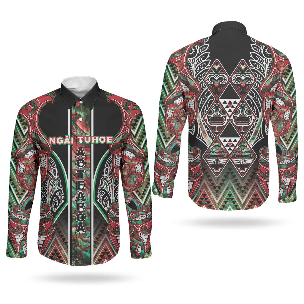 Aotearoa Ngai Tuhoe Couples Matching Off Shoulder Maxi Dress and Long Sleeve Button Shirt Maori Tribal Red And Green Paua Shell Pattern