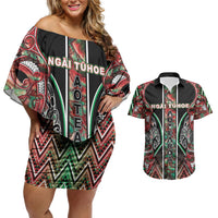 Aotearoa Ngai Tuhoe Couples Matching Off Shoulder Short Dress and Hawaiian Shirt Maori Tribal Red And Green Paua Shell Pattern