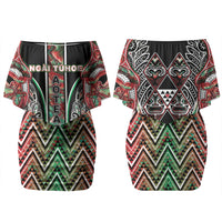 Aotearoa Ngai Tuhoe Couples Matching Off Shoulder Short Dress and Hawaiian Shirt Maori Tribal Red And Green Paua Shell Pattern