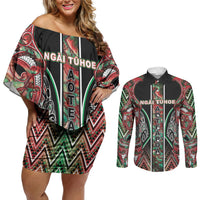 Aotearoa Ngai Tuhoe Couples Matching Off Shoulder Short Dress and Long Sleeve Button Shirt Maori Tribal Red And Green Paua Shell Pattern
