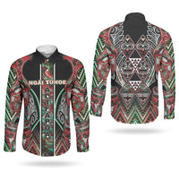 Aotearoa Ngai Tuhoe Couples Matching Off Shoulder Short Dress and Long Sleeve Button Shirt Maori Tribal Red And Green Paua Shell Pattern