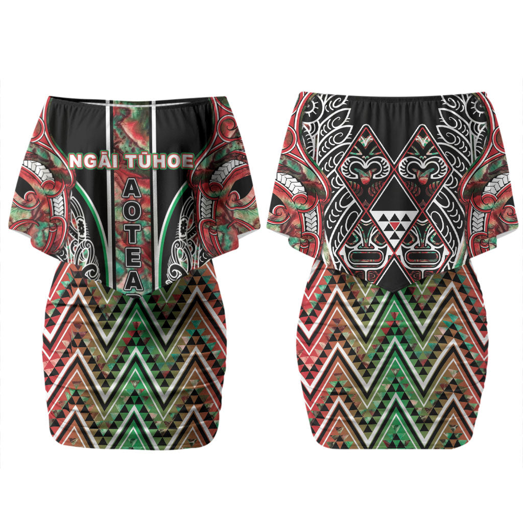 Aotearoa Ngai Tuhoe Couples Matching Off Shoulder Short Dress and Long Sleeve Button Shirt Maori Tribal Red And Green Paua Shell Pattern