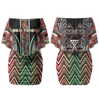 Aotearoa Ngai Tuhoe Couples Matching Off Shoulder Short Dress and Long Sleeve Button Shirt Maori Tribal Red And Green Paua Shell Pattern