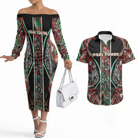 Aotearoa Ngai Tuhoe Couples Matching Off The Shoulder Long Sleeve Dress and Hawaiian Shirt Maori Tribal Red And Green Paua Shell Pattern