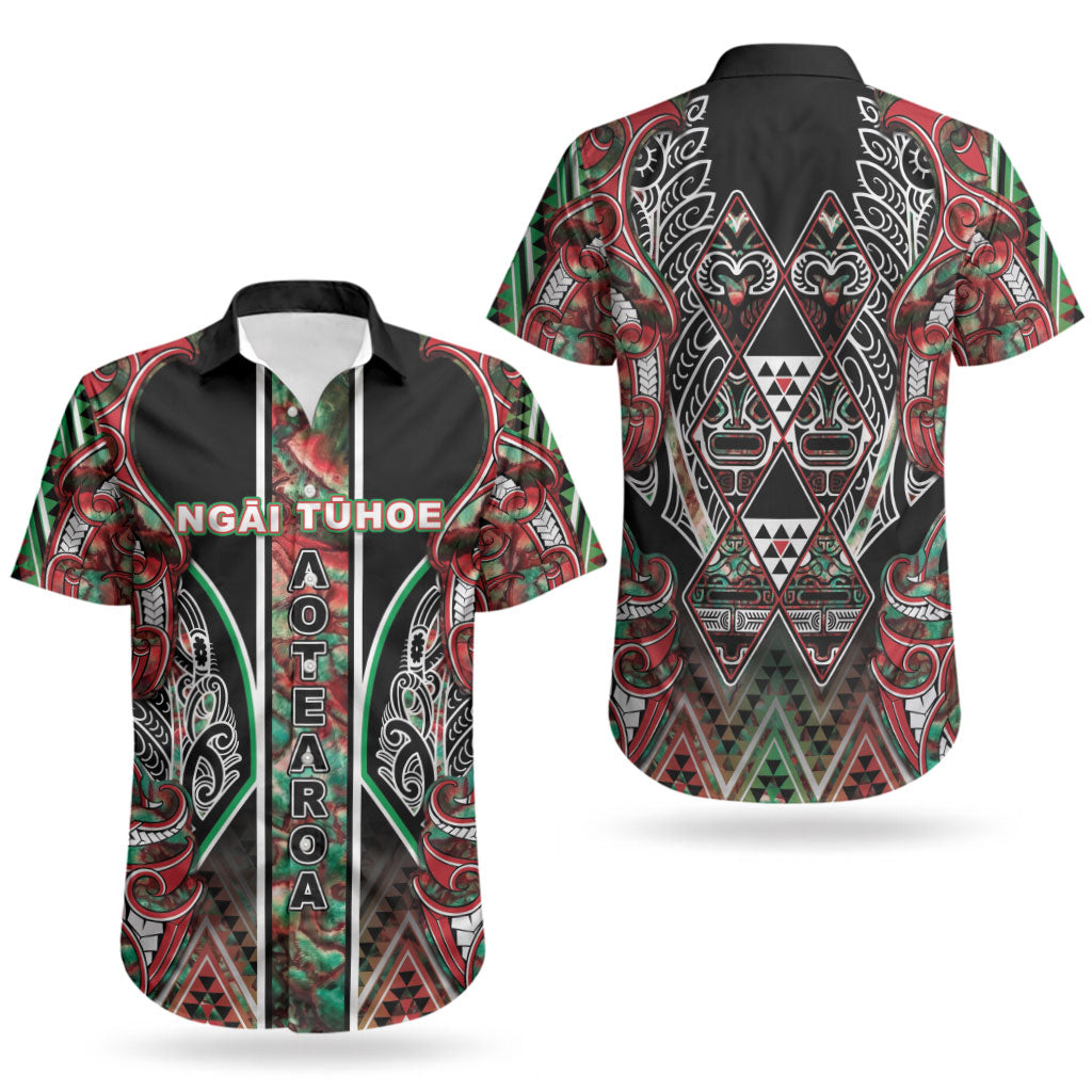 Aotearoa Ngai Tuhoe Couples Matching Off The Shoulder Long Sleeve Dress and Hawaiian Shirt Maori Tribal Red And Green Paua Shell Pattern