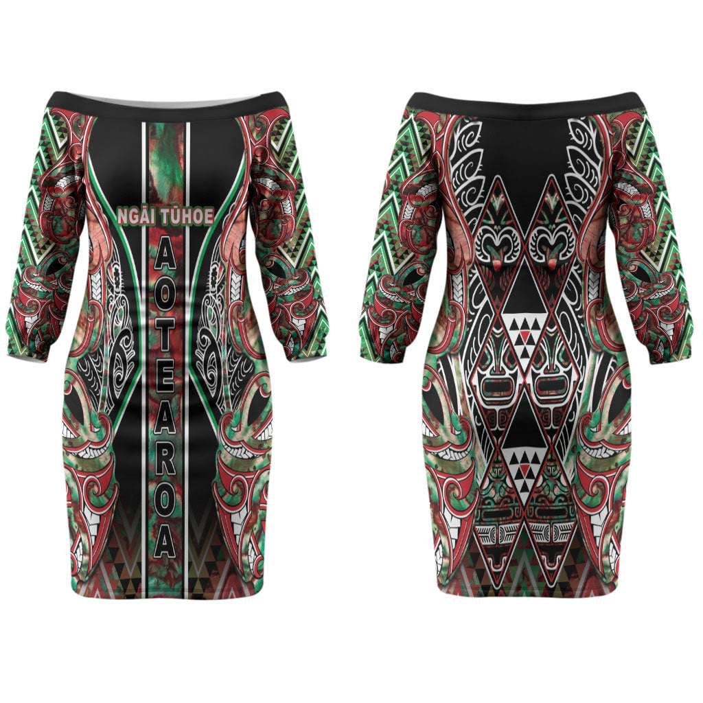 Aotearoa Ngai Tuhoe Couples Matching Off The Shoulder Long Sleeve Dress and Hawaiian Shirt Maori Tribal Red And Green Paua Shell Pattern
