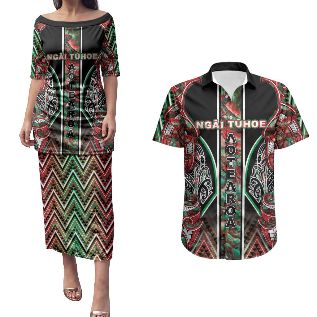 Aotearoa Ngai Tuhoe Couples Matching Puletasi and Hawaiian Shirt Maori Tribal Red And Green Paua Shell Pattern