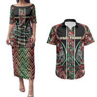 Aotearoa Ngai Tuhoe Couples Matching Puletasi and Hawaiian Shirt Maori Tribal Red And Green Paua Shell Pattern
