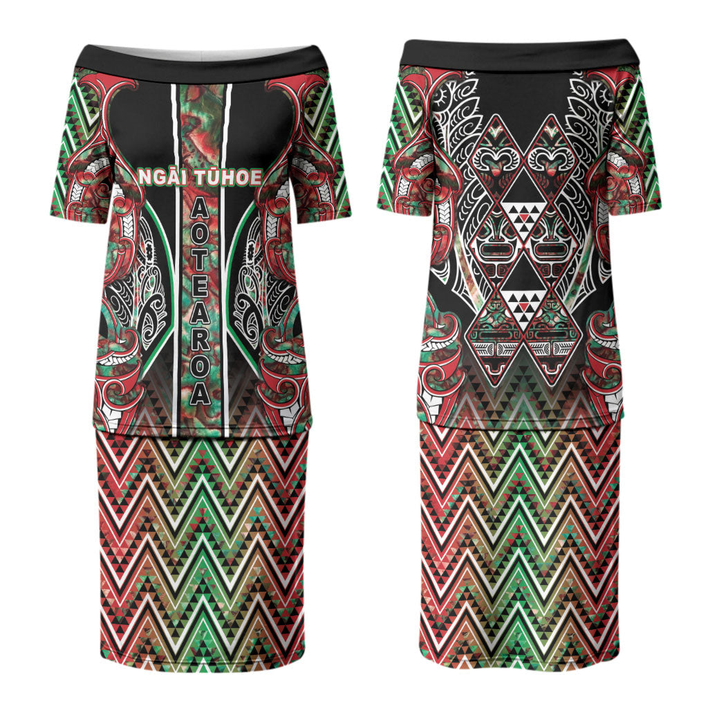Aotearoa Ngai Tuhoe Couples Matching Puletasi and Hawaiian Shirt Maori Tribal Red And Green Paua Shell Pattern