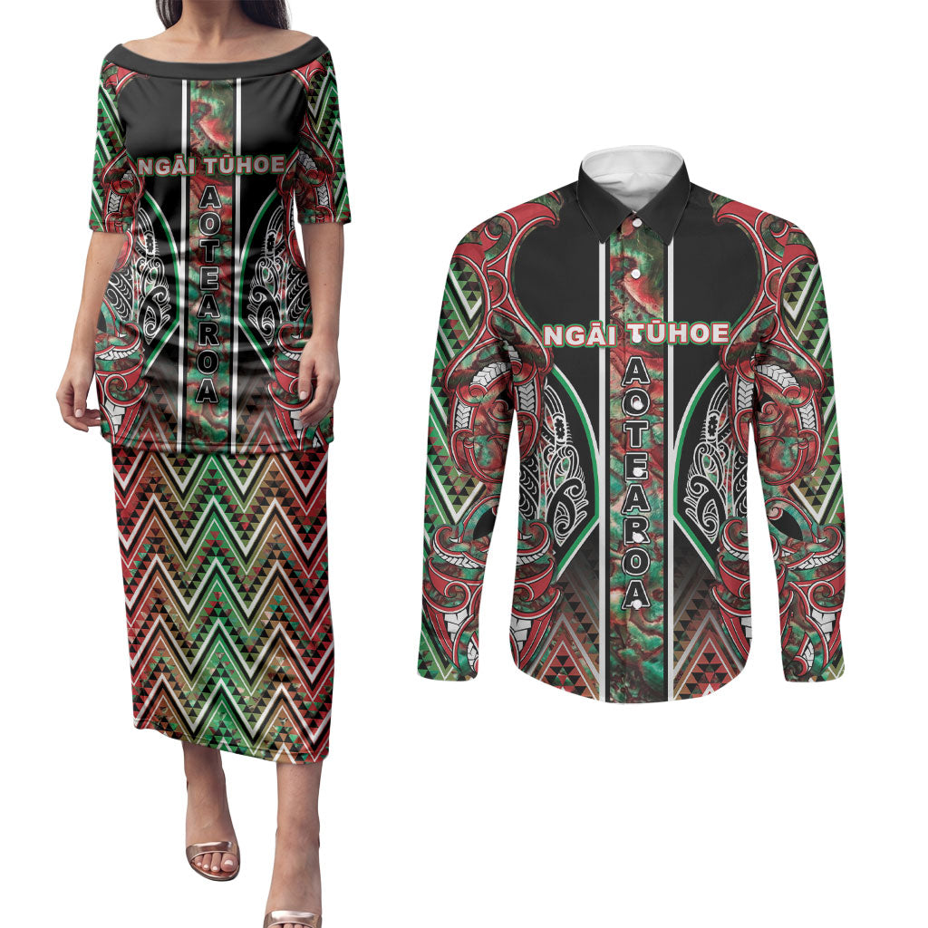 Aotearoa Ngai Tuhoe Couples Matching Puletasi and Long Sleeve Button Shirt Maori Tribal Red And Green Paua Shell Pattern DT05 Red - Polynesian Pride