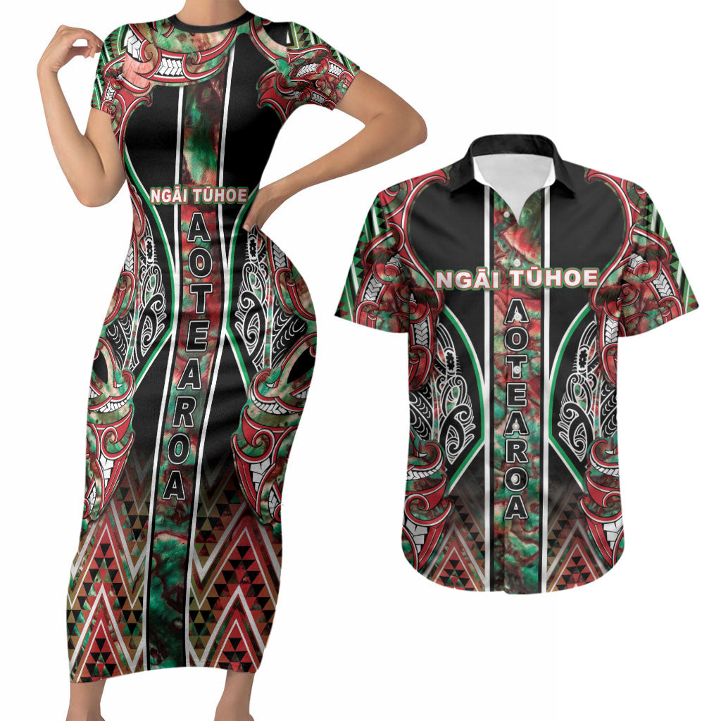 Aotearoa Ngai Tuhoe Couples Matching Short Sleeve Bodycon Dress and Hawaiian Shirt Maori Tribal Red And Green Paua Shell Pattern